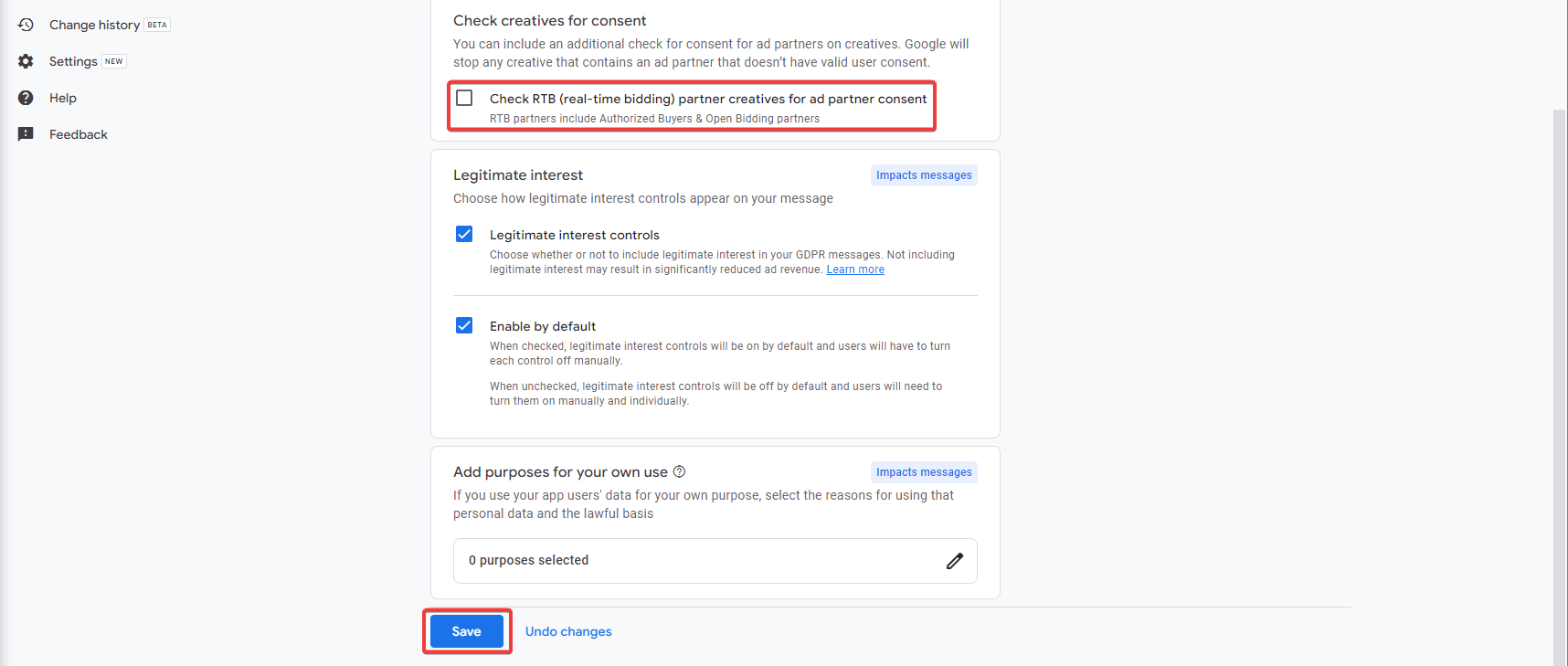 Google AdMob European regulations clicking Save button