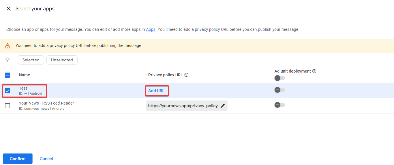 Google AdMob consent message selecting Test application and clicking Add URL