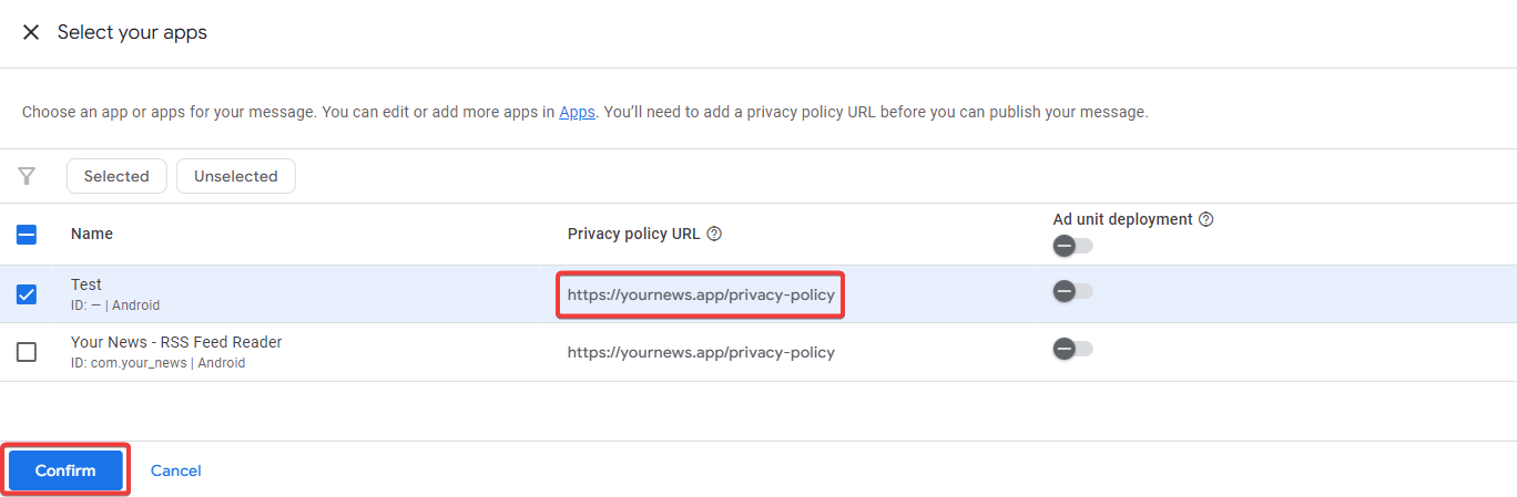 Google AdMob consent message adding Policy URL and clicking Confirm