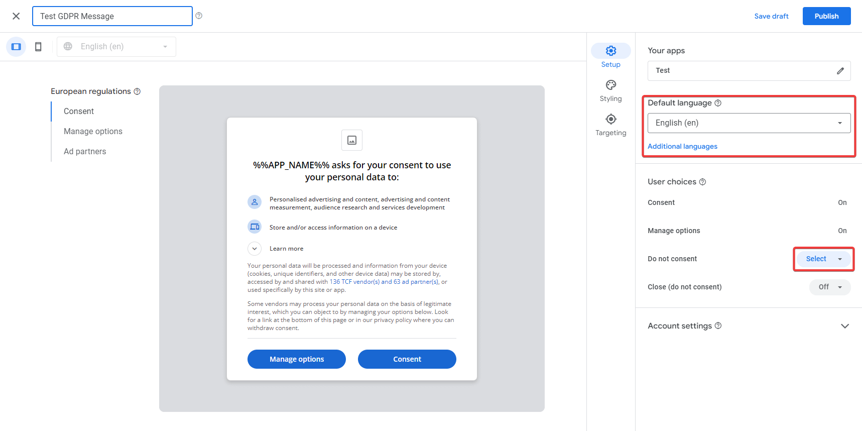 Google AdMob consent message adding default languages and selecting do not consent option.