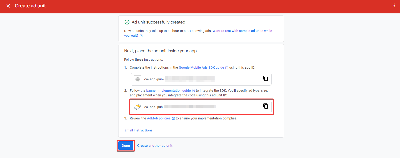 Google AdMob copying the ad unit ID