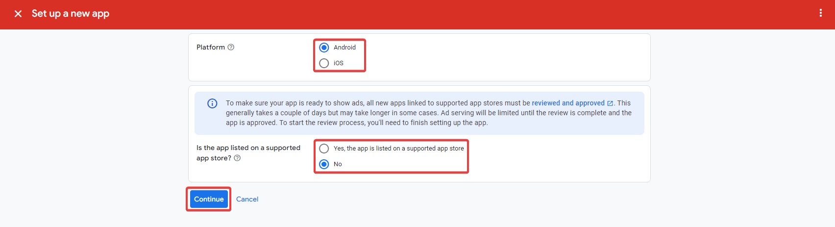 Google AdMob selecting platform and supported app store