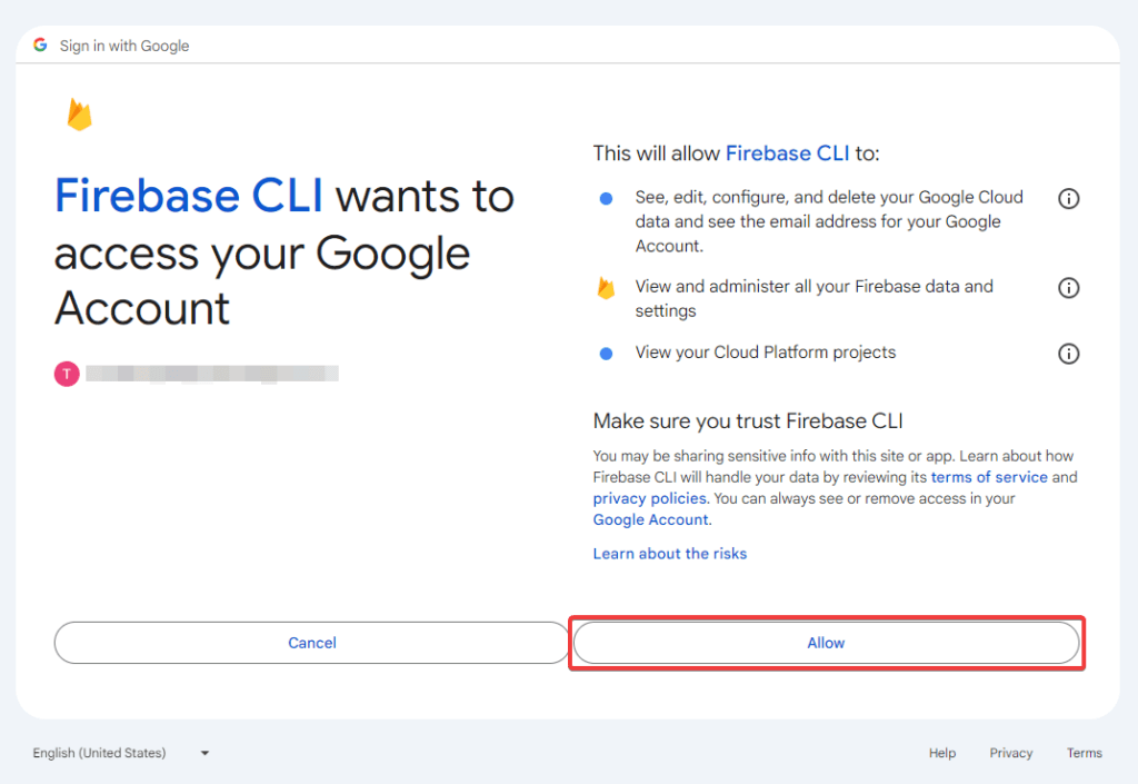 Google authentication clicking allow to allow Google to share our data with Firebase CLI