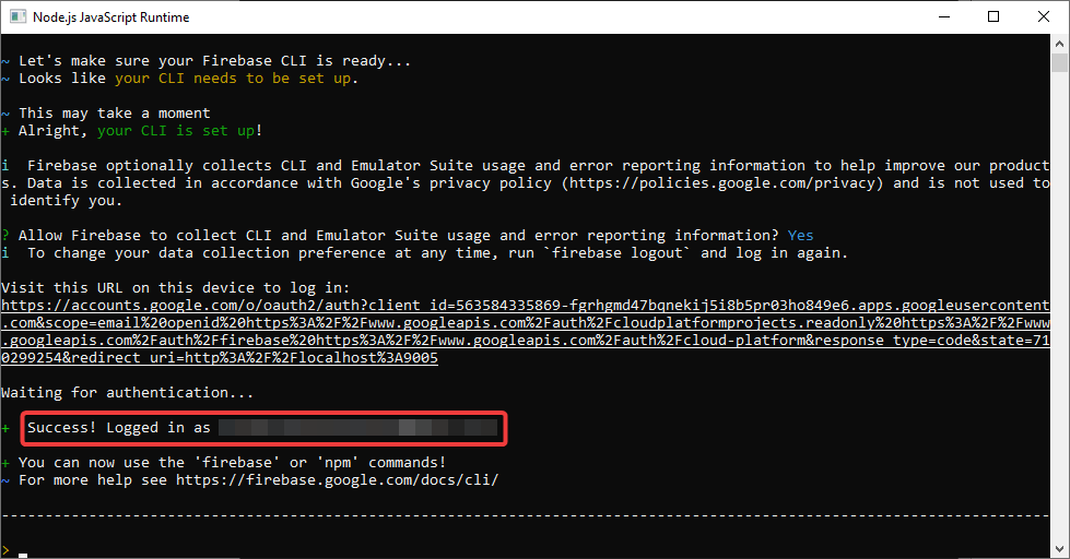 Successful login message in the Firebase CLI