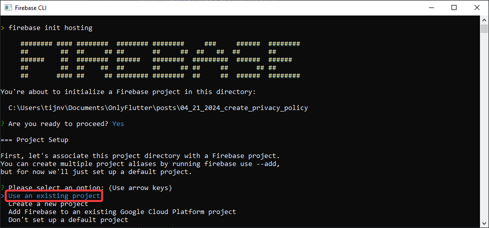 Firebase CLI choosing existing project to host Flutter web app