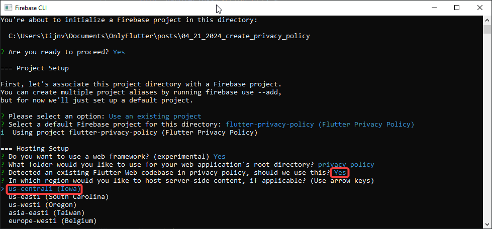 Firebase CLI selecting hosting region