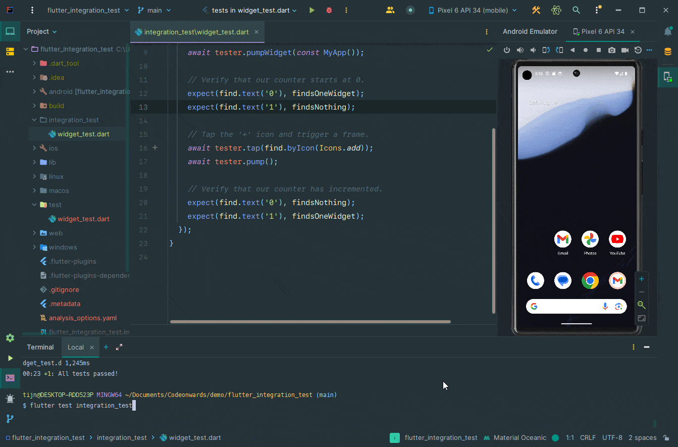 Flutter running integration test by using the Flutter's recommended approach for mobile