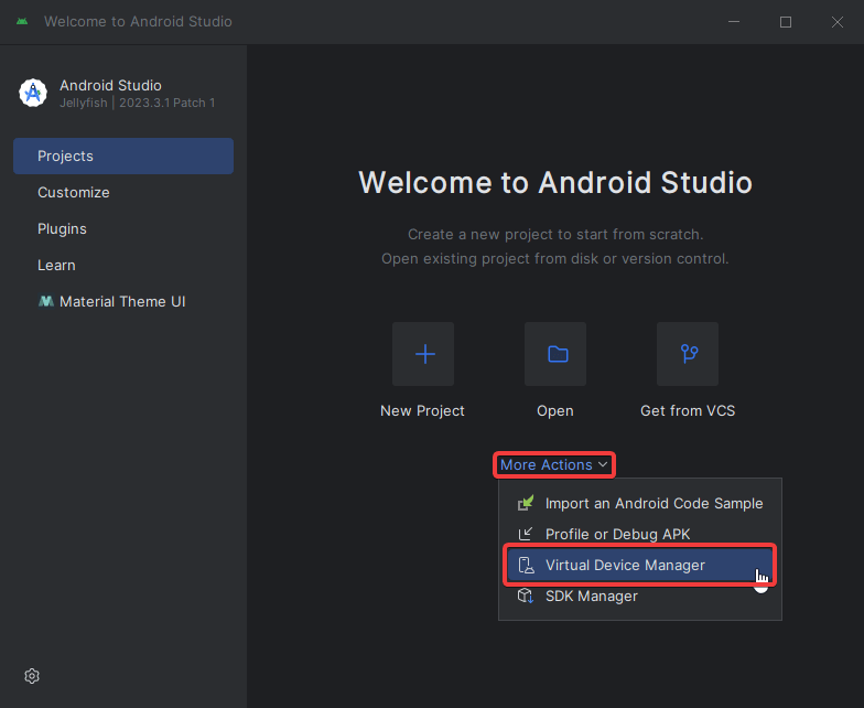 Android Studio start screen Windows