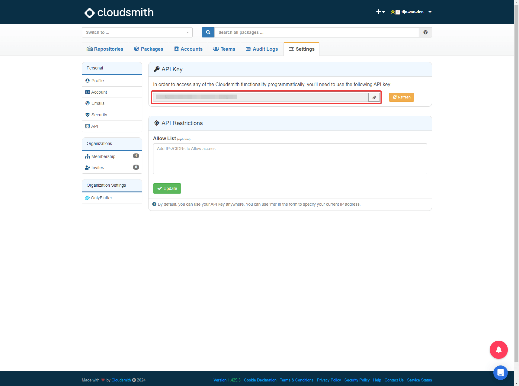 Cloudsmith selecting our API Key